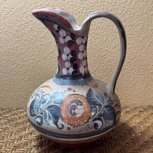 Mexico Pottery  Hand-Painted Ceramic Pitcher Vase With Floral & Leaf Design